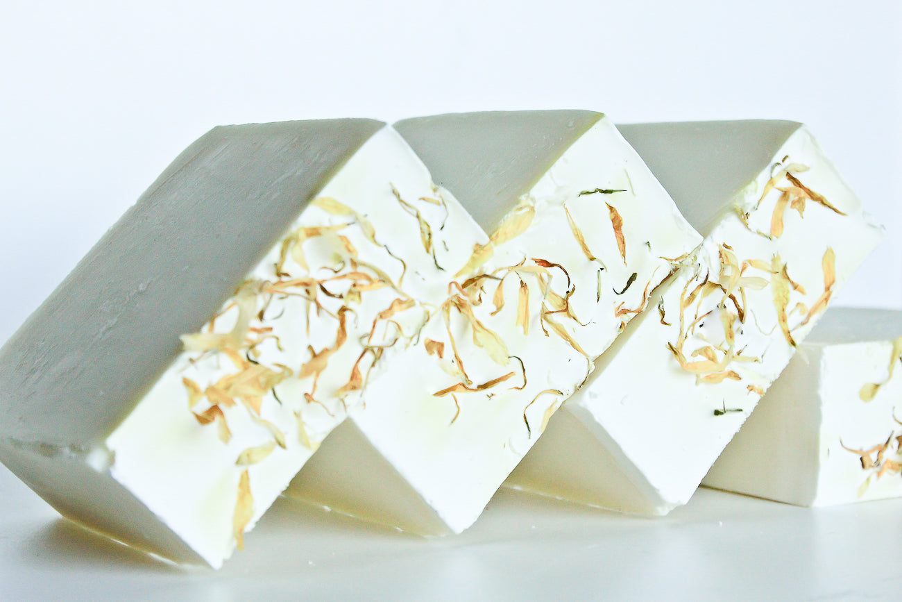 White Castile Soap infused with chamomile and calendula flowers for sensitive skin